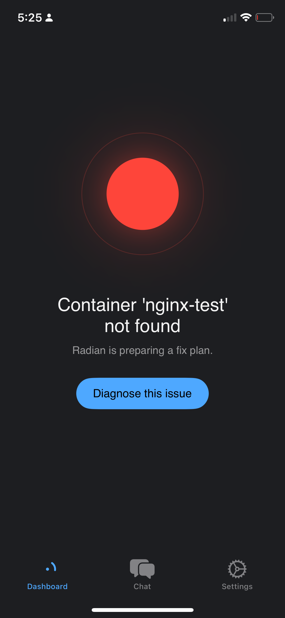 Radian iOS app showing a Docker container issue and Diagnose this issue button