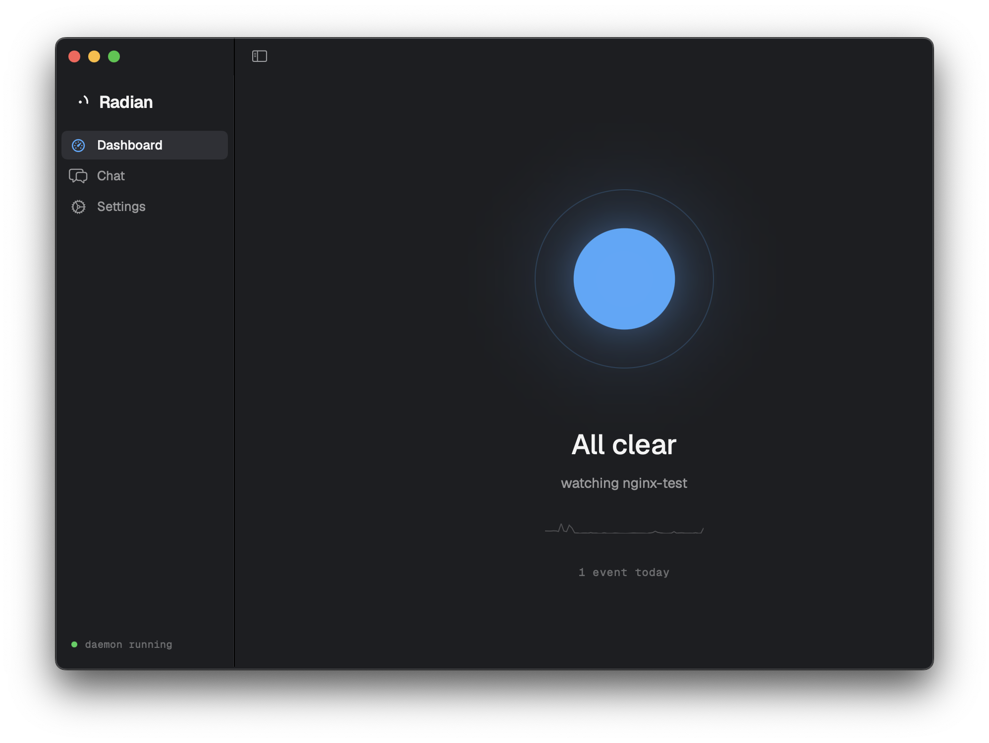 Radian Mac app dashboard showing 'All clear' calm state, watching nginx-test